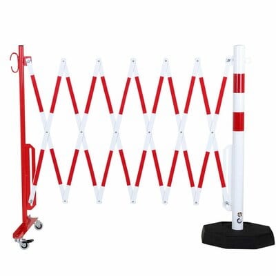 Barierą rozciągana 3600 mm +słupek stalowy Ø60mm przestawny z obciążeniem przenośnym czerwono-biała