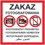 Znak Zakaz fotografowania 600x600 mm podkład płaska blacha z otworami