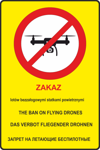 Znak zakaz używania dronów / zakaz lotów bezzałogowymi statkami powietrznym sklep dogowy