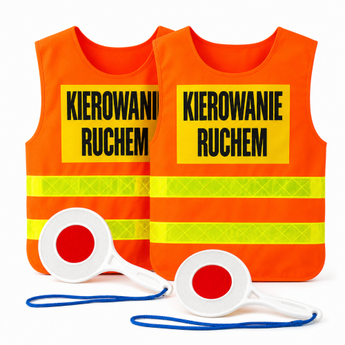 Zestaw do kierowania ruchem – 2 narzutki „KIEROWANIE RUCHEM” + 2 lizaki policyjne odblaskowe