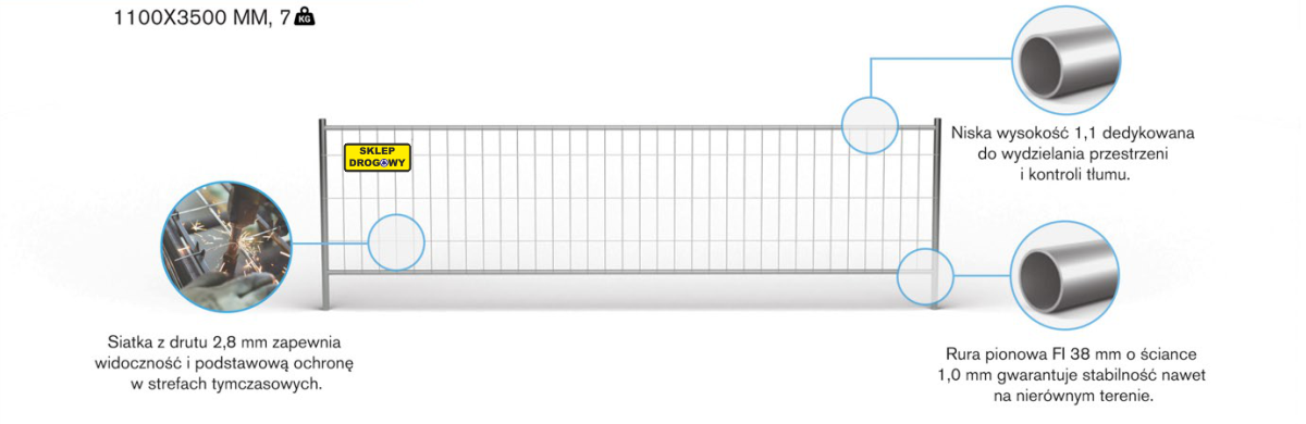 Niski panel ogrodzenia budowlanego ażurowego 3500 × 1100 mm